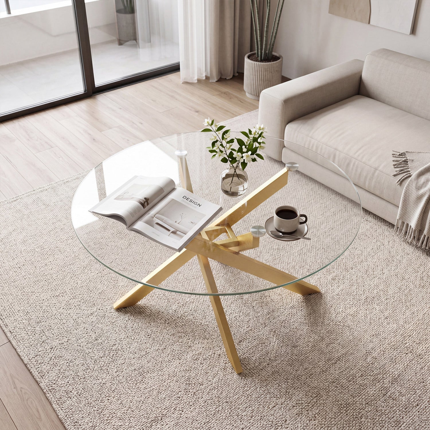 Round Glass Coffee Table, Tempered Glass Top, Golden Coffee Tables at Gallery Canada