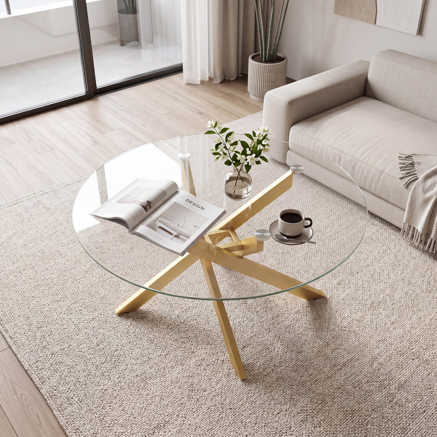 Round Glass Coffee Table, Tempered Glass Top, Golden Coffee Tables at Gallery Canada