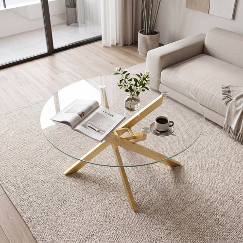 Round Glass Coffee Table, Tempered Glass Top, Golden
