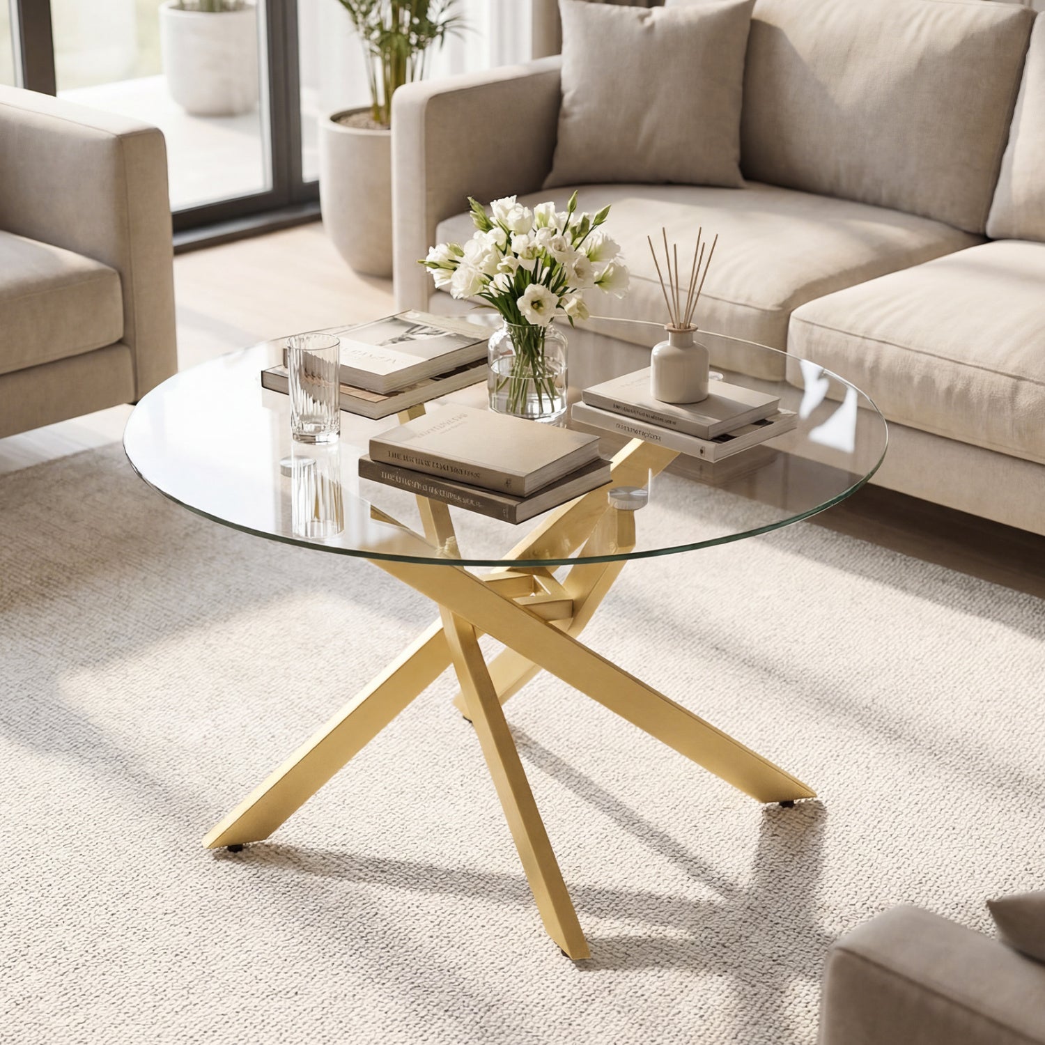 Round Glass Coffee Table, Tempered Glass Top, Golden Coffee Tables at Gallery Canada