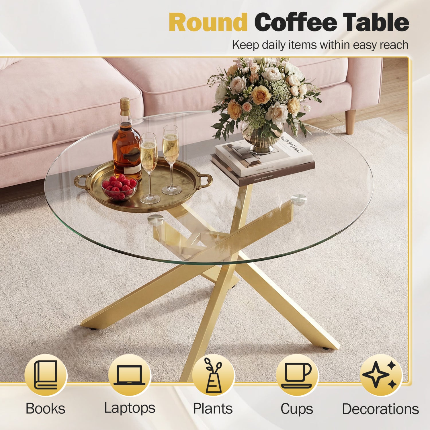 Round Glass Coffee Table, Tempered Glass Top, Golden Coffee Tables at Gallery Canada