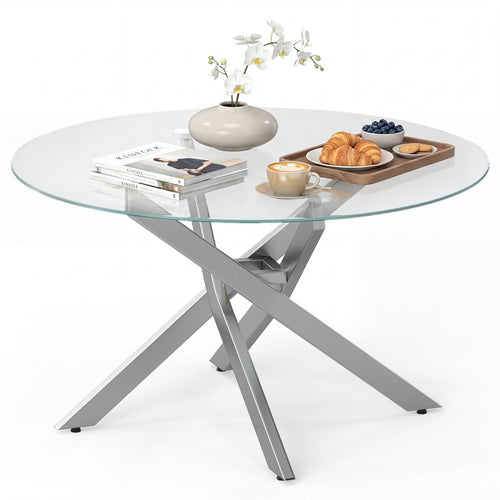 Round Glass Coffee Table, Tempered Glass Top, Silver
