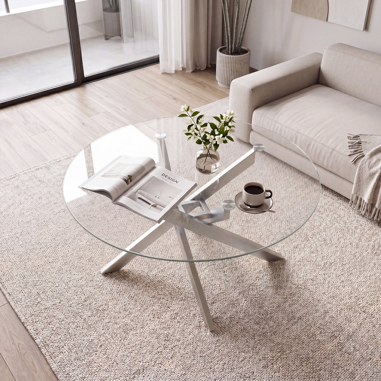 Round Glass Coffee Table, Tempered Glass Top, Silver Coffee Tables at Gallery Canada