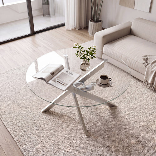 Round Glass Coffee Table, Tempered Glass Top, Silver