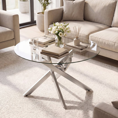 Round Glass Coffee Table, Tempered Glass Top, Silver Coffee Tables at Gallery Canada