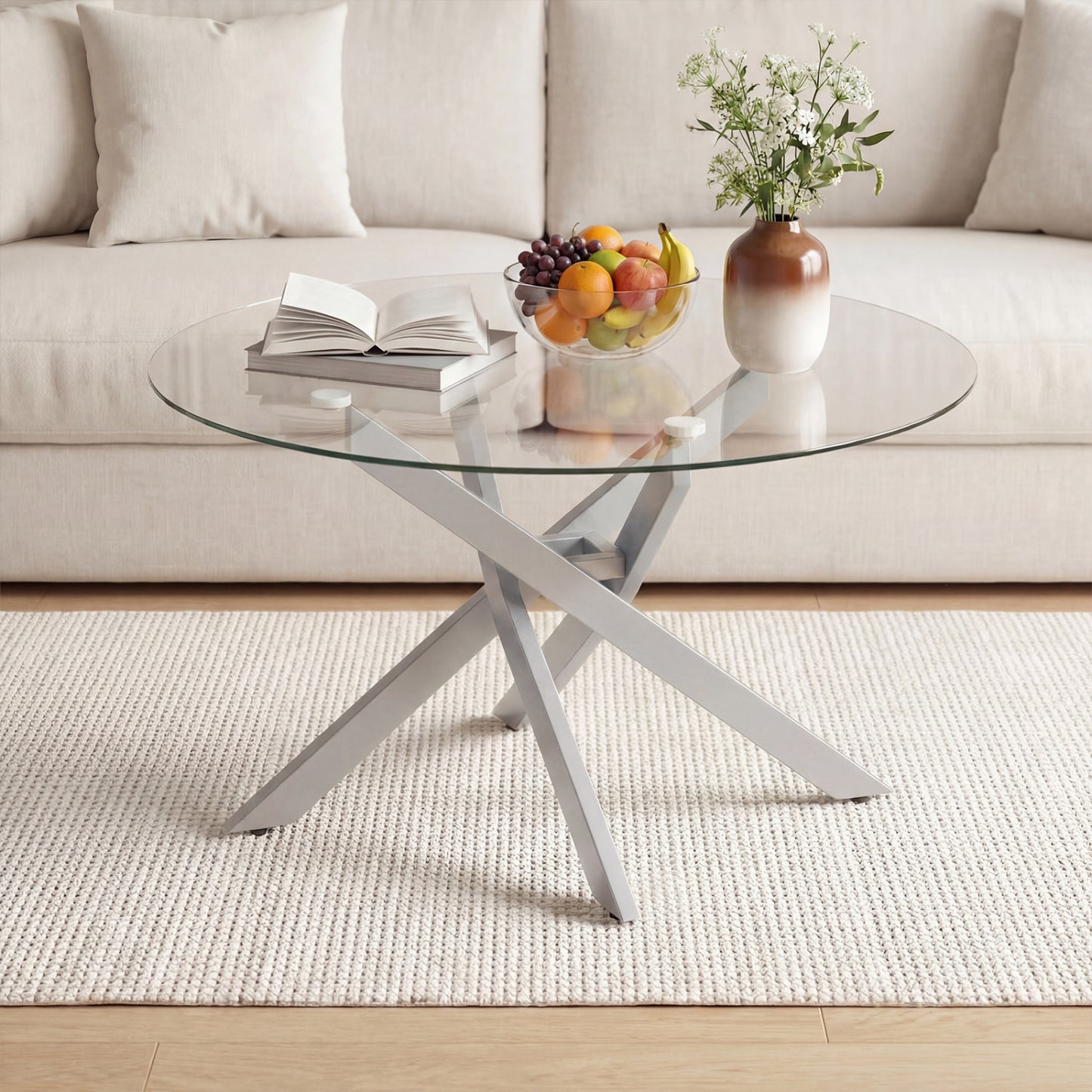 Round Glass Coffee Table, Tempered Glass Top, Silver Coffee Tables at Gallery Canada