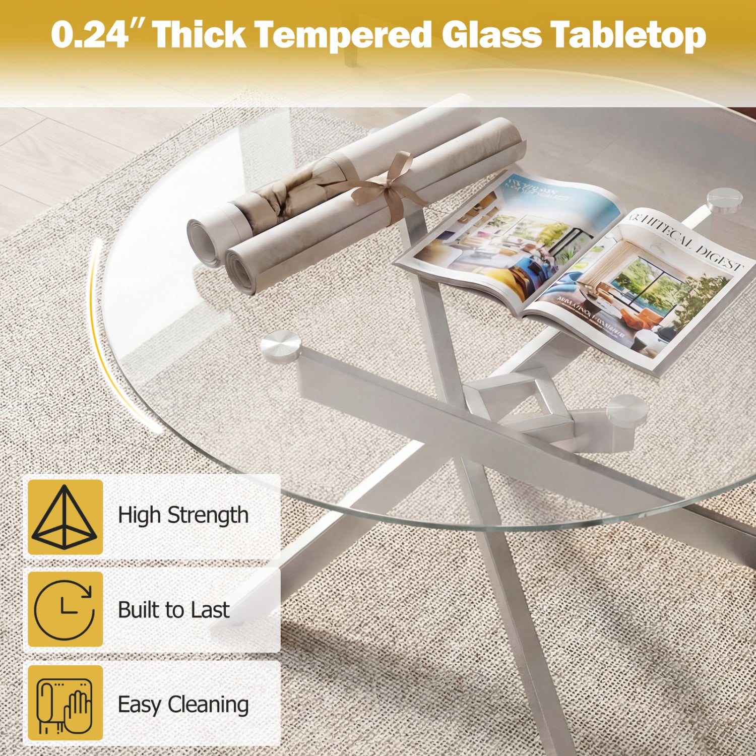 Round Glass Coffee Table, Tempered Glass Top, Silver Coffee Tables at Gallery Canada