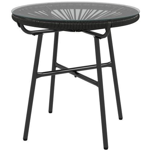Round Rattan Side Table, Outdoor, PE Rattan, Tempered Glass Top, Black