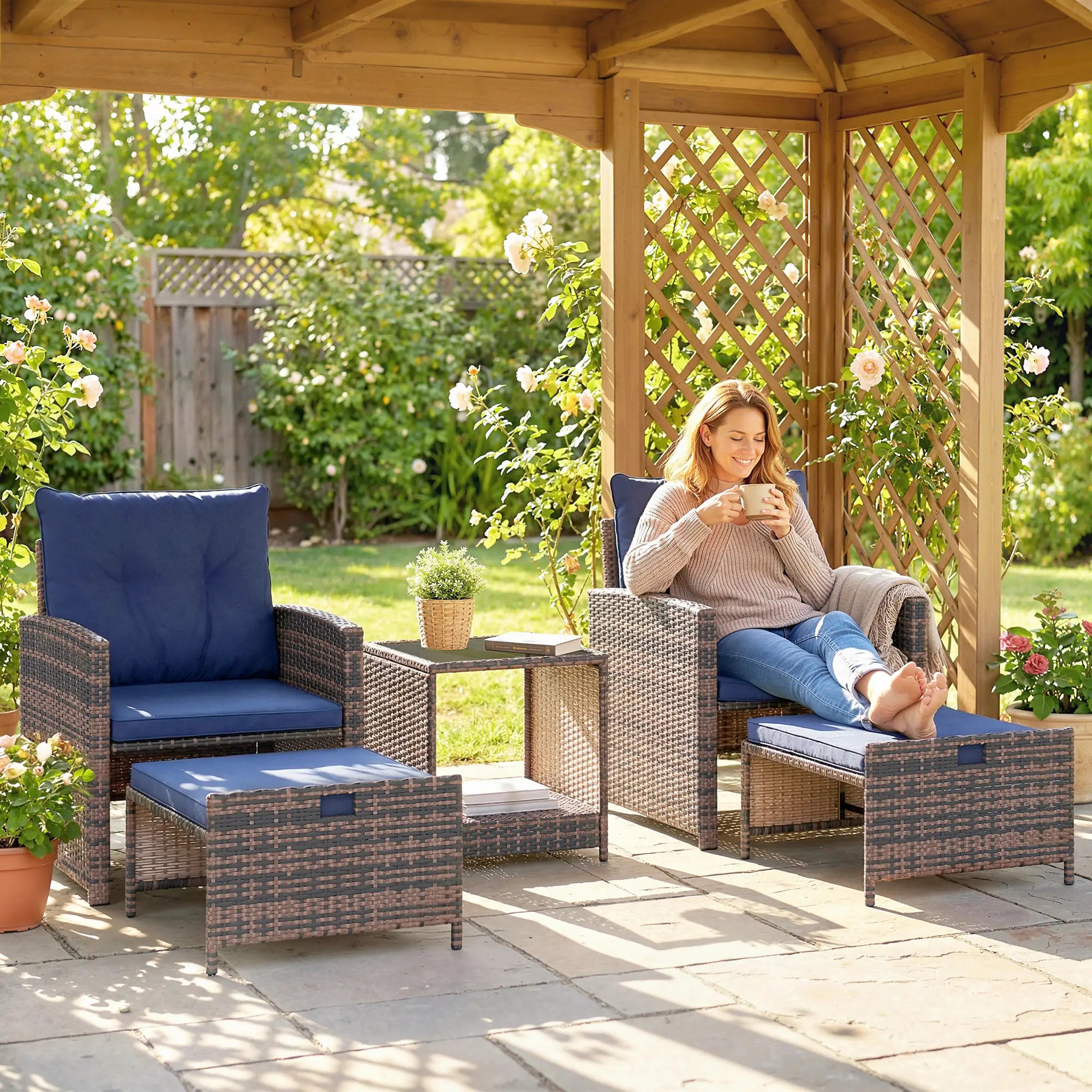 5 Piece Patio Set, Wicker Chairs With Ottomans, Glass Coffee Table, Brown/Dark Blue Patio Furniture Sets at Gallery Canada