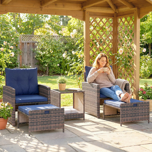 5 Piece Patio Set, Wicker Chairs With Ottomans, Glass Coffee Table, Brown/Dark Blue Patio Furniture Sets Mixed Brown, Dark Blue, Black at Gallery Canada