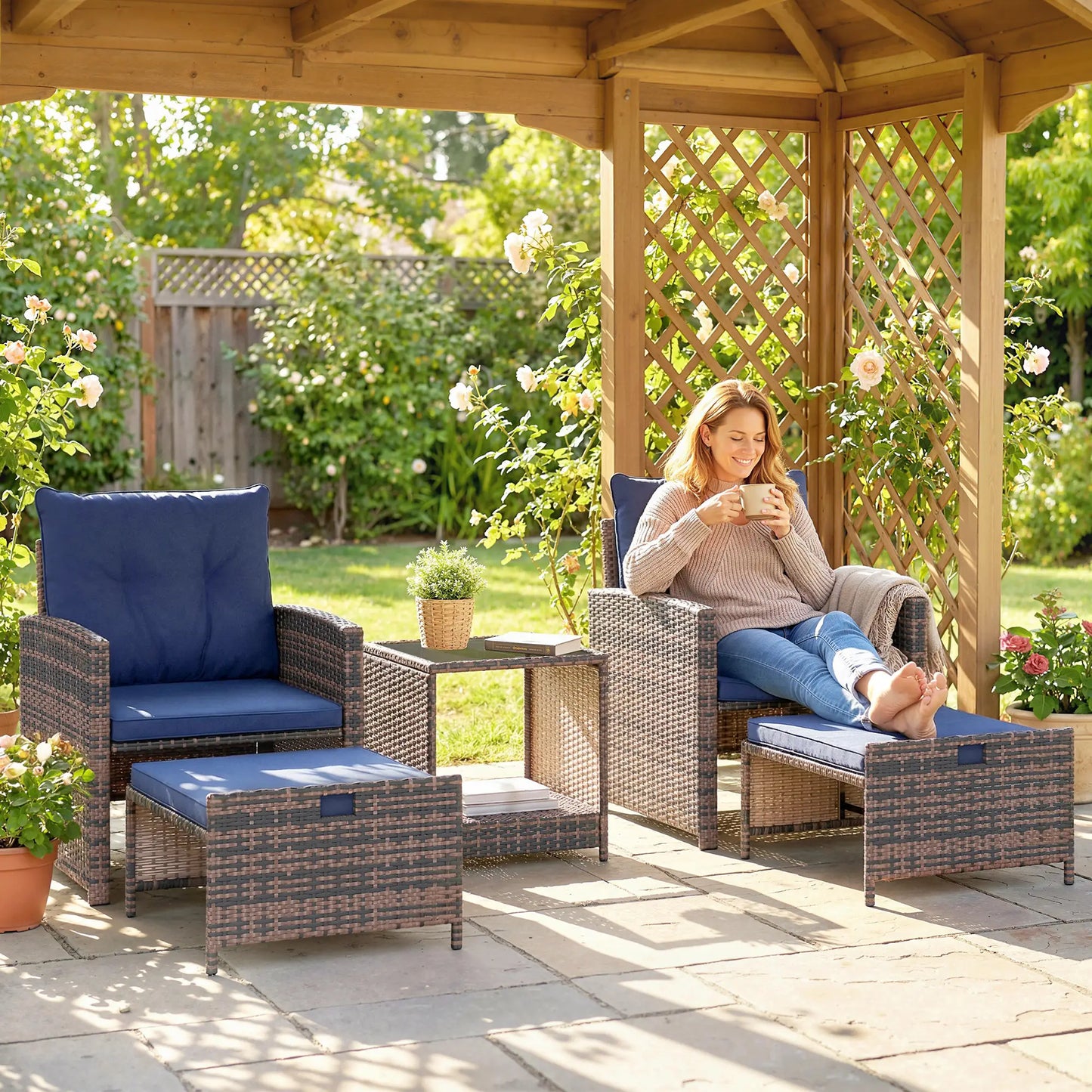 5 Piece Patio Set, Wicker Chairs With Ottomans, Glass Coffee Table, Brown/Dark Blue Patio Furniture Sets at Gallery Canada