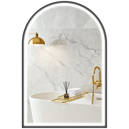 24" x 36" LED Bathroom Mirror, Arched Tempered Glass, Anti-Fog, Dimmable, Black