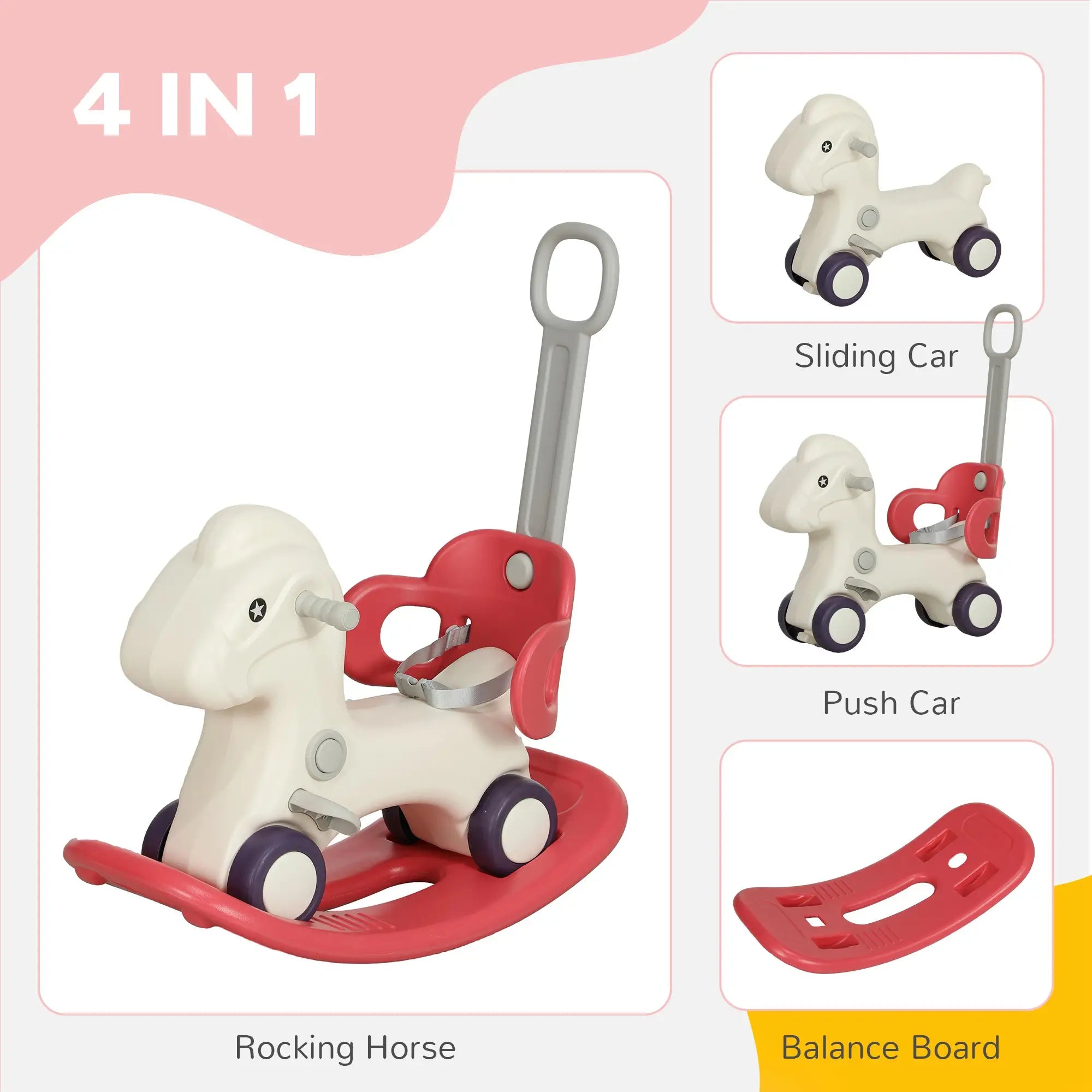 4 in 1 Kids Rocking Horse, Detachable Balance Board, Push Handle, Red Rocking Horses at Gallery Canada