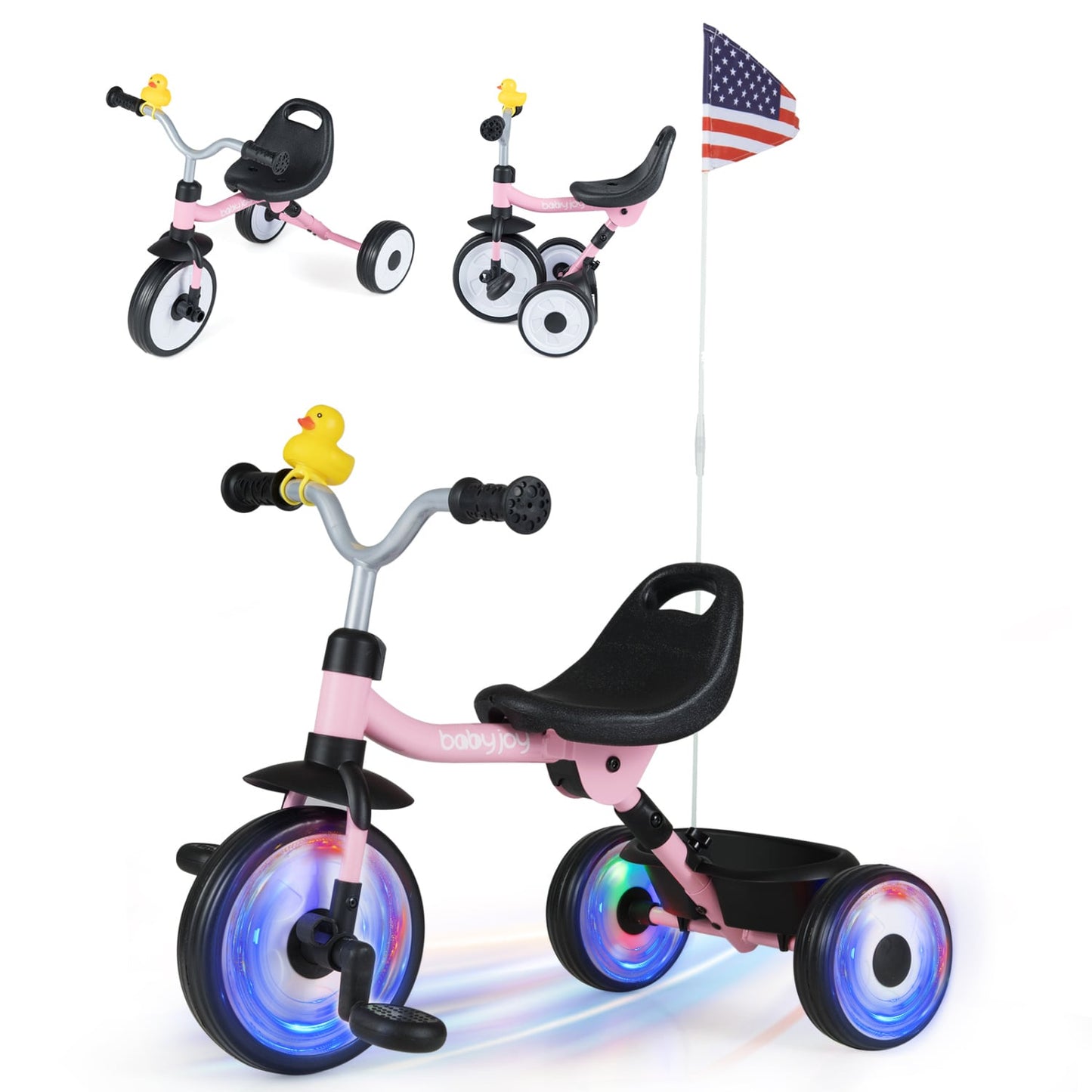 Glowing Wheels Toddler Tricycle, Foldable Kids Trike, Pink Push & Pedal Ride On Toys Pink at Gallery Canada