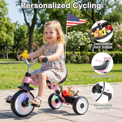 Glowing Wheels Toddler Tricycle, Foldable Kids Trike, Pink Push & Pedal Ride On Toys at Gallery Canada