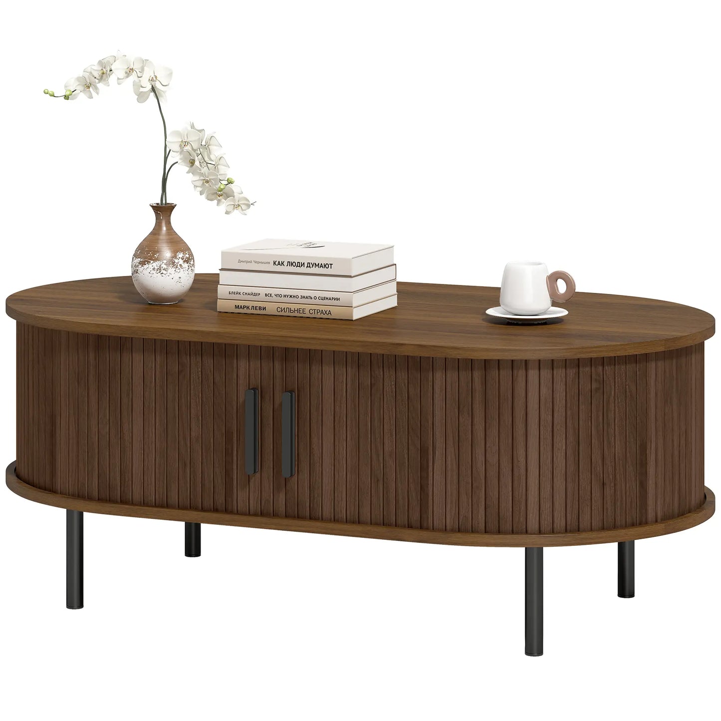 Coffee Table with Sliding Tambour Doors and Storage Center Table with Metal Legs, 39", Brown