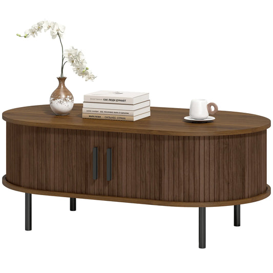 Coffee Table with Sliding Tambour Doors and Storage Center Table with Metal Legs, 39", Brown Coffee Tables Brown, Black at Gallery Canada