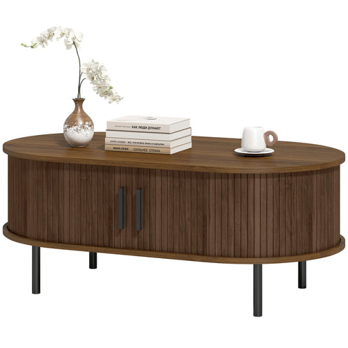 Coffee Table with Sliding Tambour Doors and Storage Center Table with Metal Legs, 39