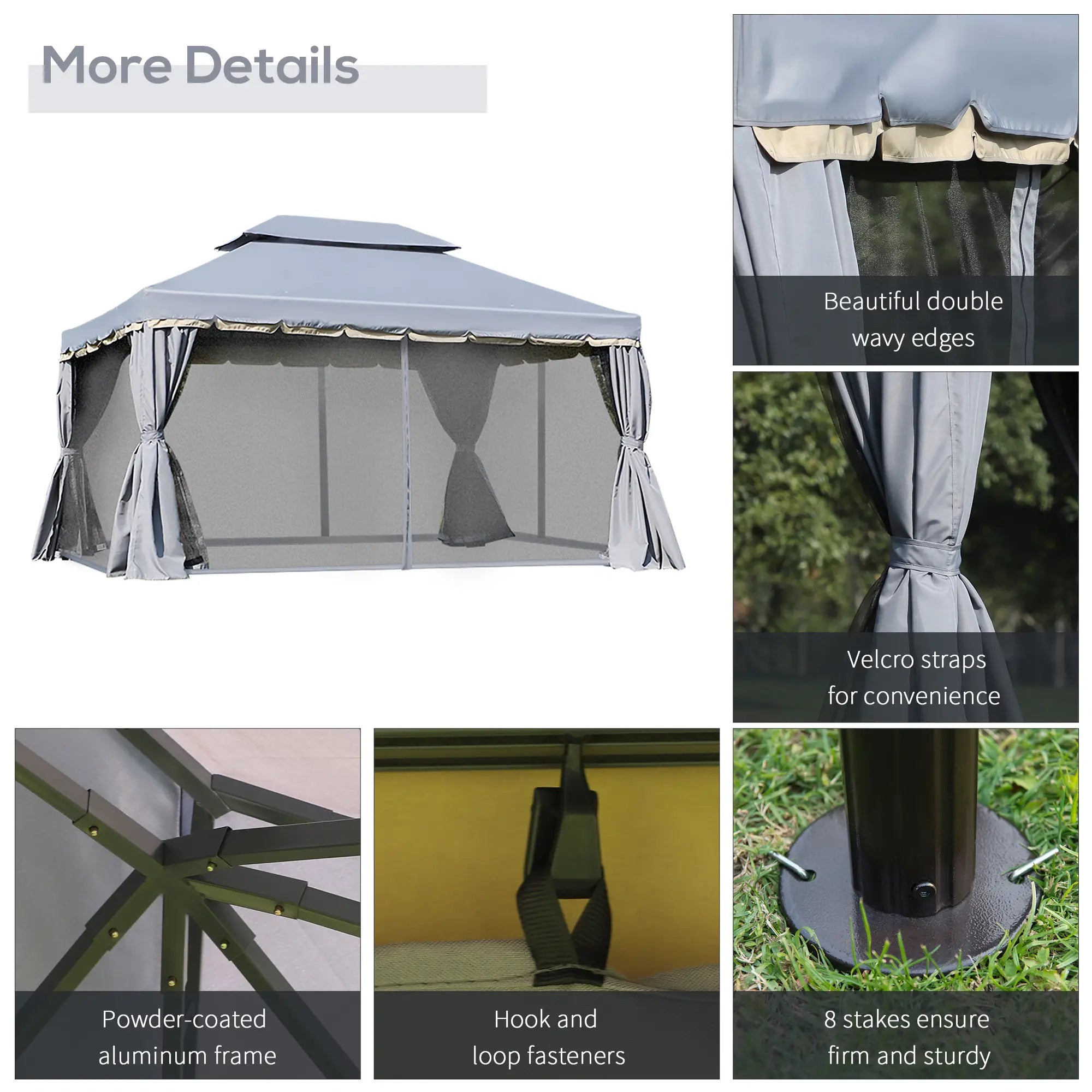 13' x 10' Patio Gazebo, 2-Tier Polyester Roof, Vented Mesh Sidewall, Aluminum Frame, Grey Gazebos at Gallery Canada