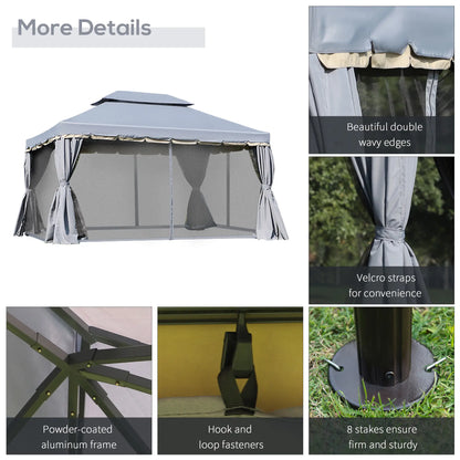 13' x 10' Patio Gazebo, 2-Tier Polyester Roof, Vented Mesh Sidewall, Aluminum Frame, Grey Gazebos at Gallery Canada
