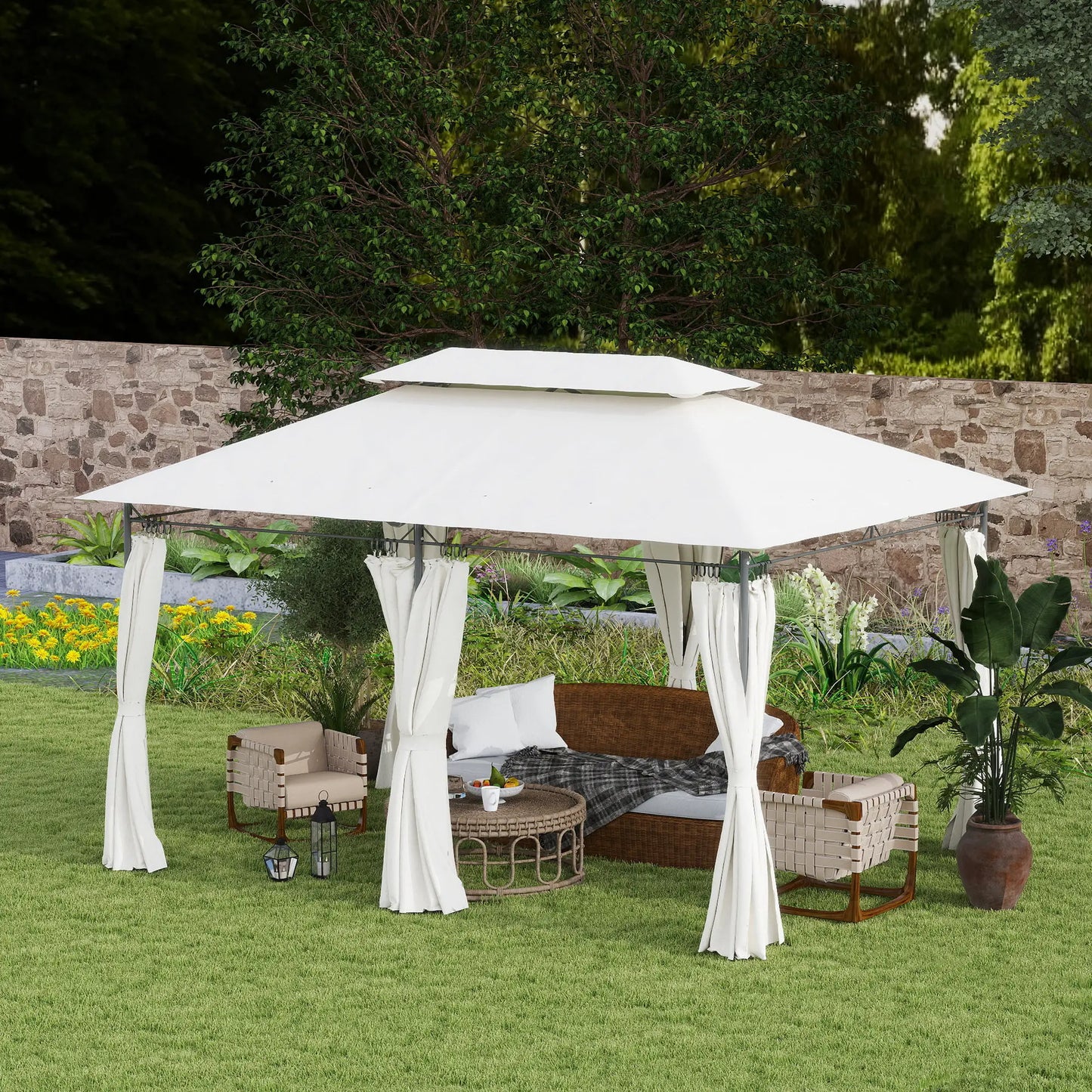 10' x 13' Double Roof Patio Gazebo, Outdoor with Curtains, Cream White Gazebos at Gallery Canada