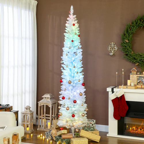 7.5ft Christmas Tree with Colorful DIY LEDs, Hinged Pencil, Remote, Timer, White, Colorful