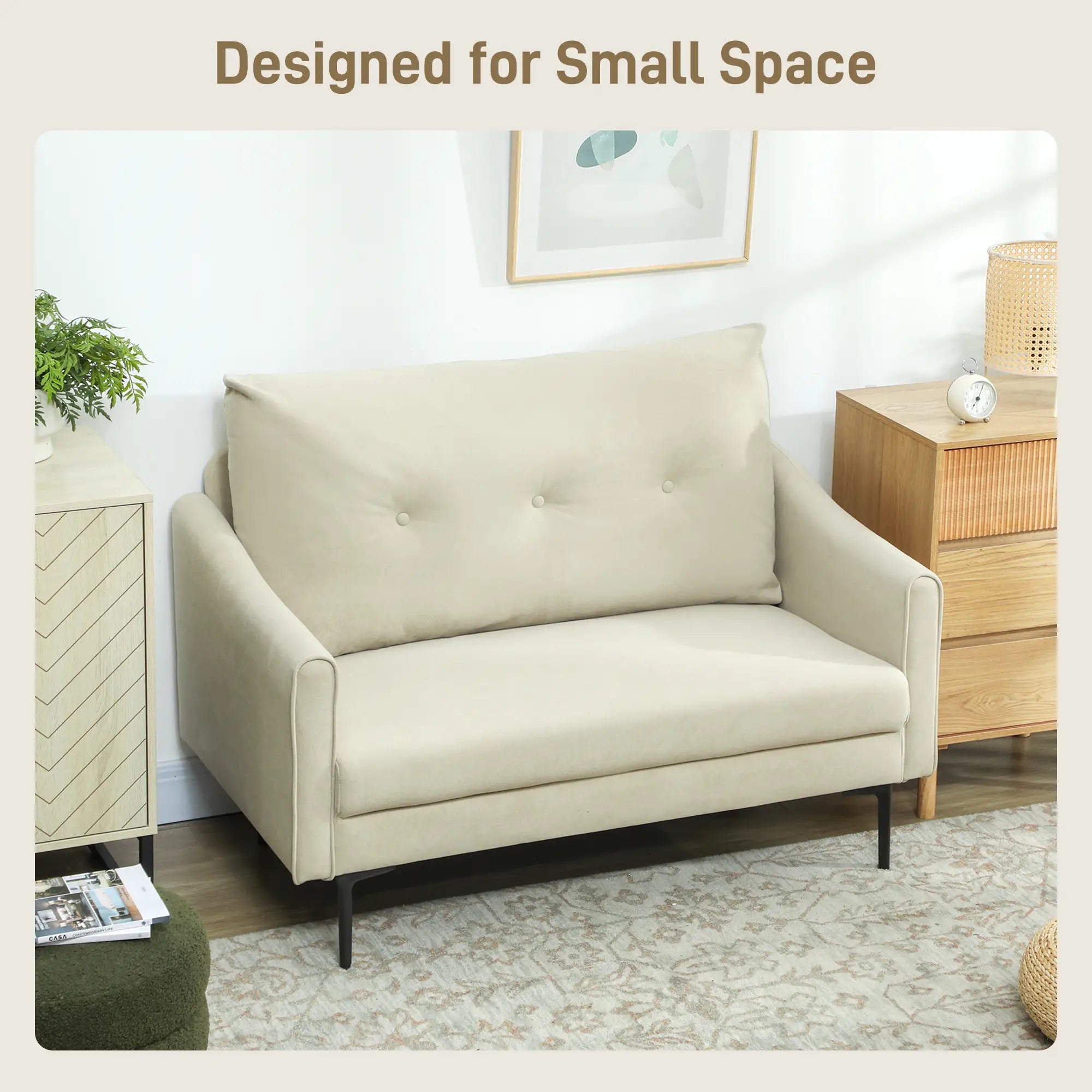Small 2 Seater Sofa, High-Resilience Foam, Button Tufted, Cream White 2-Seater Sofas at Gallery Canada