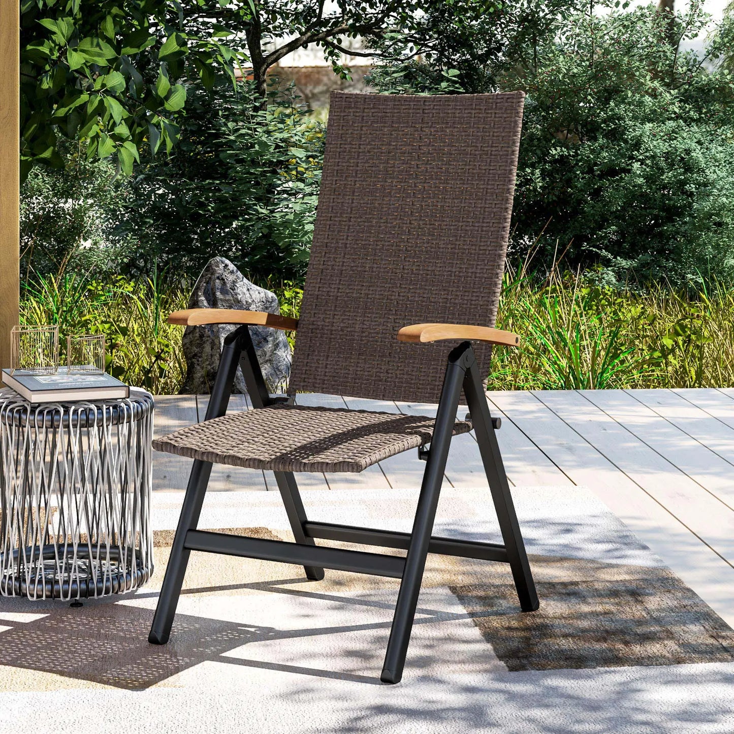Folding Wicker Patio Dining Chair, 5-Level Reclining, Wooden Armrests, Brown Patio Chairs at Gallery Canada