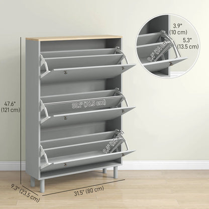 Shoe Storage, 3 Flip Drawers, Adjustable Shelves, 24 Pairs, Grey