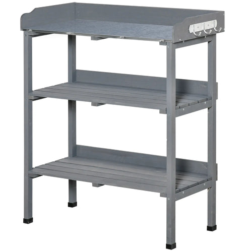 Outdoor Garden Wooden Potting Bench, Work Table w/ Hooks, Grey