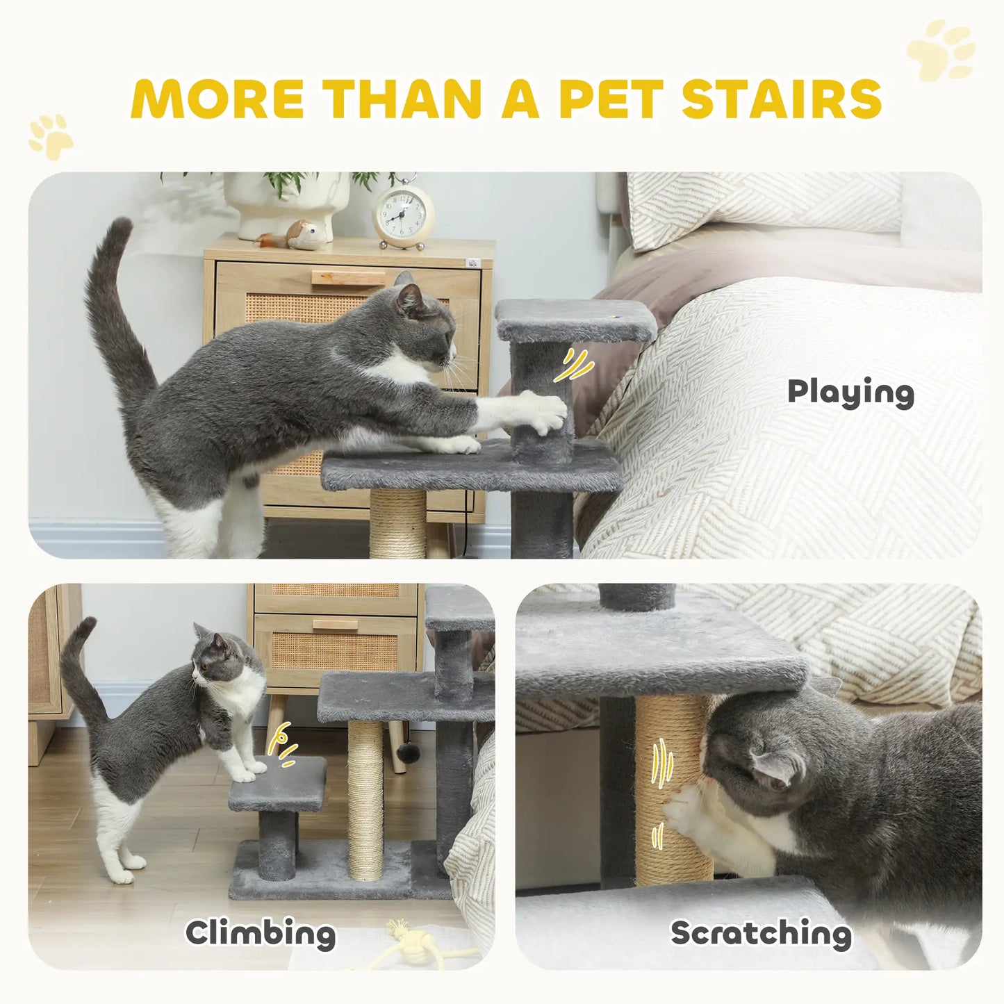 Cat Stairs with 2 Sisal Scratching Posts, Adjustable 3-Tier, Grey Dog Stairs at Gallery Canada