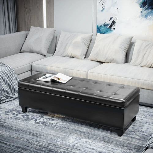 Storage Ottoman Bench, 51 Inches, PU Leather Foot Rest, Black