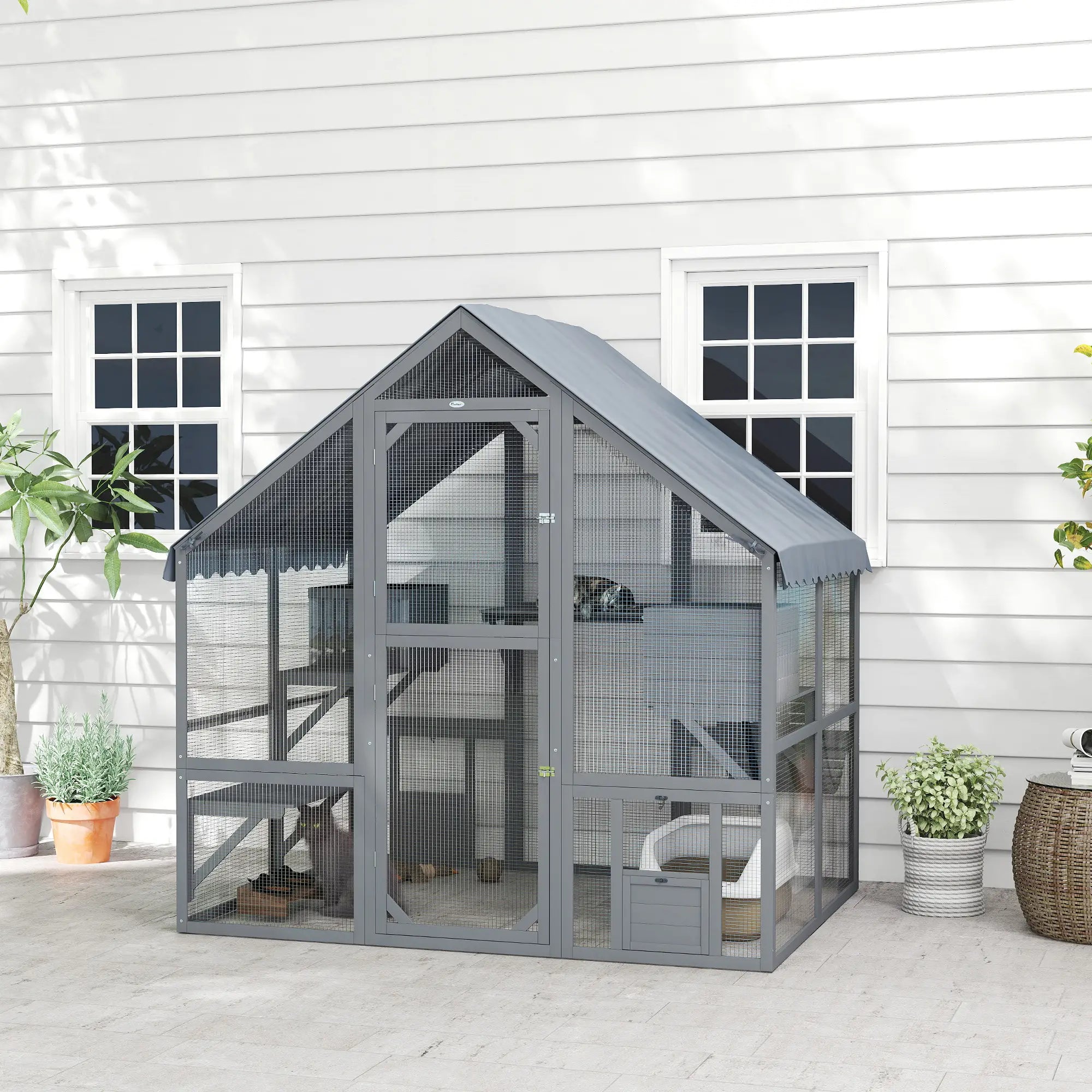 Large Catio, Waterproof Cover, 2 Resting Boxes, 4 Platforms, Bridge, Grey Outdoor Cat Enclosures at Gallery Canada