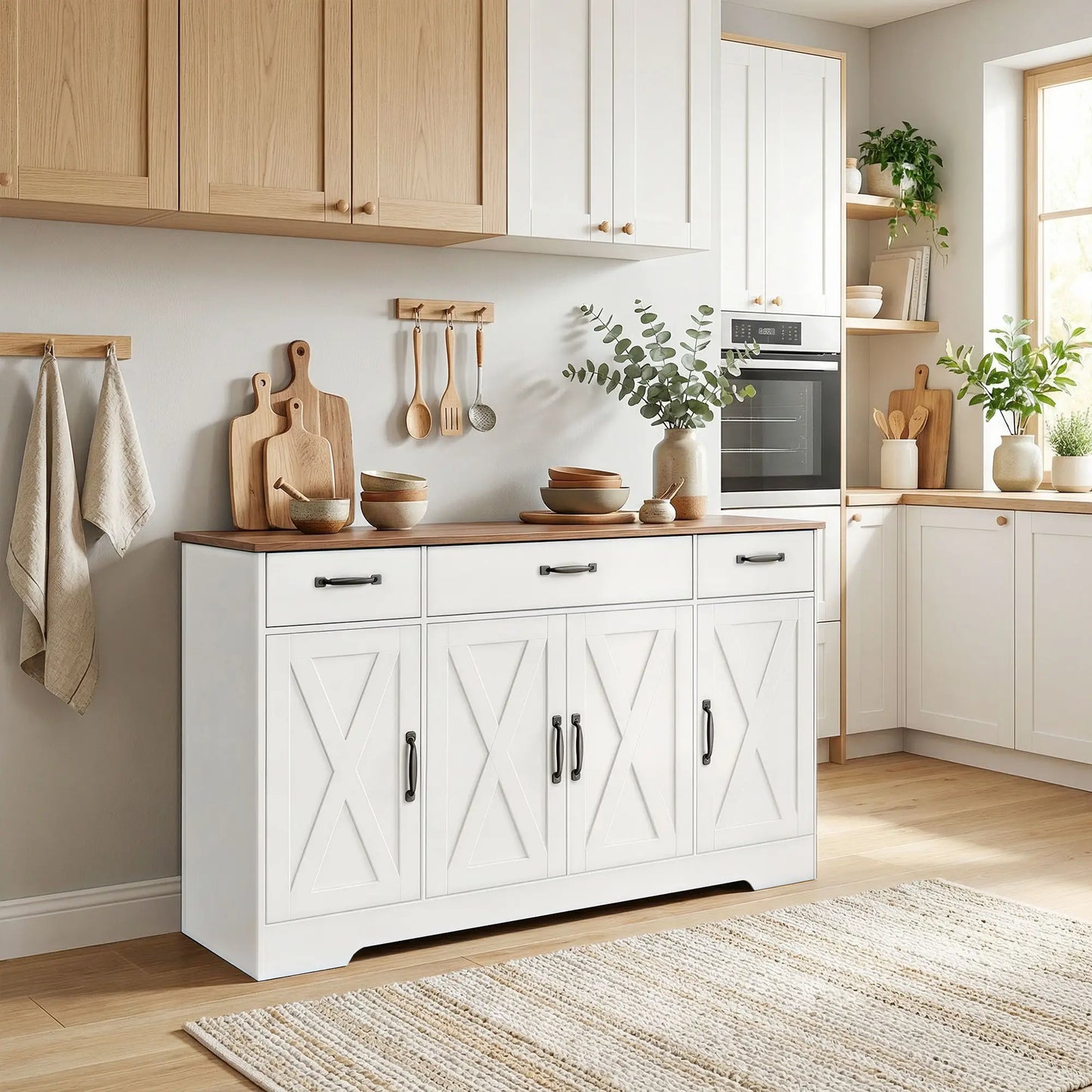 55" White Sideboard Buffet Cabinet, Farmhouse Kitchen With Barn Doors, White Bar Cabinets at Gallery Canada