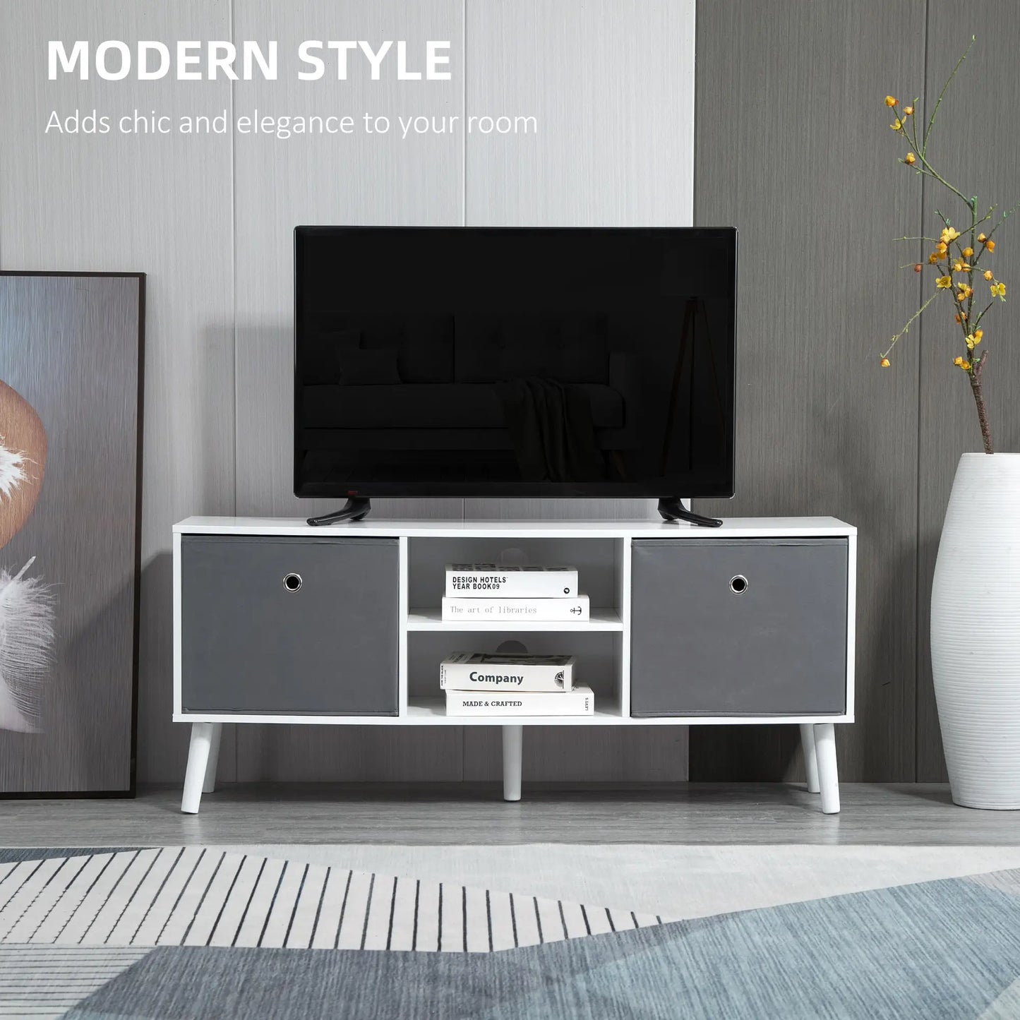 Modern TV Stand with Foldable Drawers, Shelves, White TV Stands at Gallery Canada