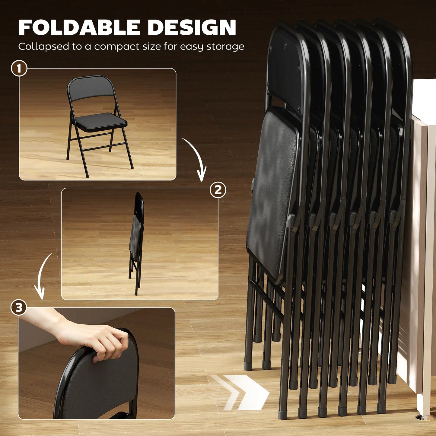 Set of 6 Metal Foldable Chairs, PU Leather Padded, Black Dining Chairs at Gallery Canada