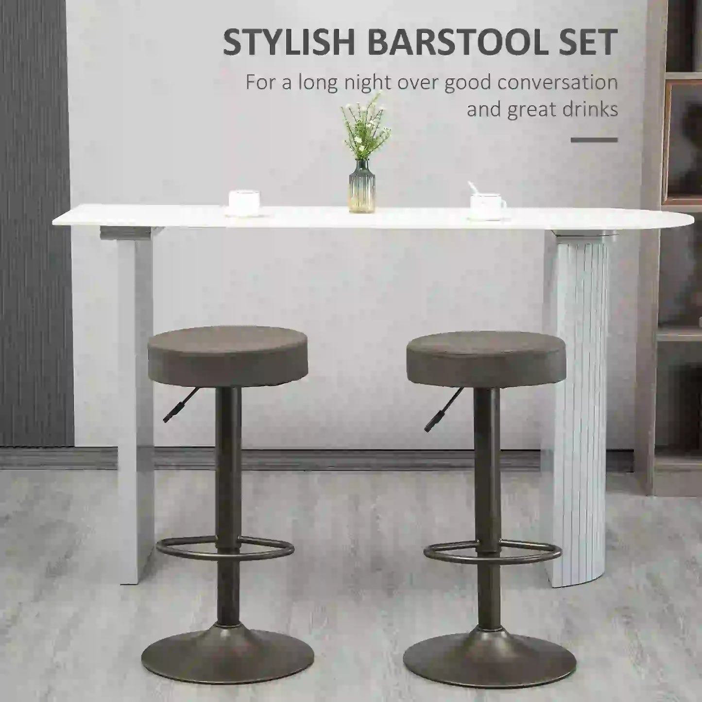 Adjustable Bar Stools Set of 2, Swivel with Footrest, PU Leather Round Top, Dark Grey Bar Stools at Gallery Canada