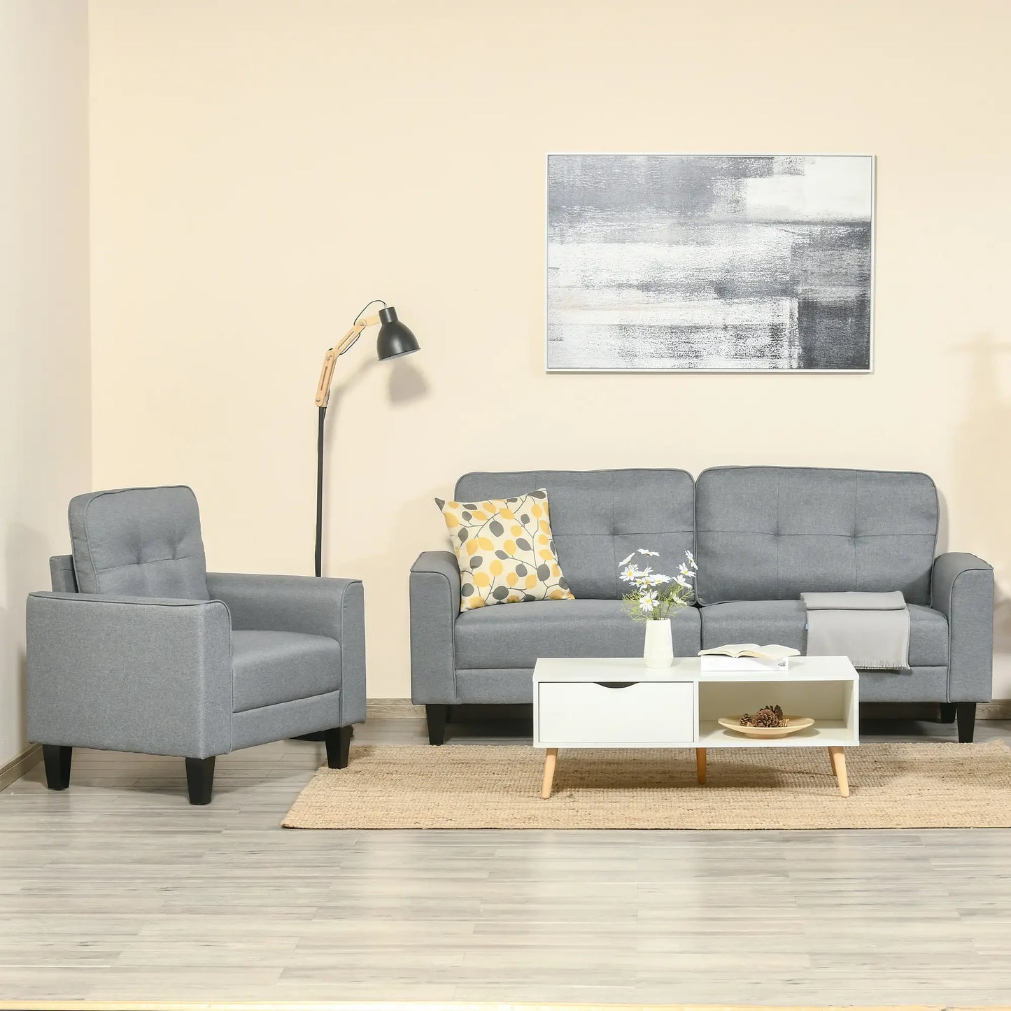 3-Seater Sofa, Mid-Century Linen Couch, Upholstered Seat, Gray 3-Seater Sofas at Gallery Canada