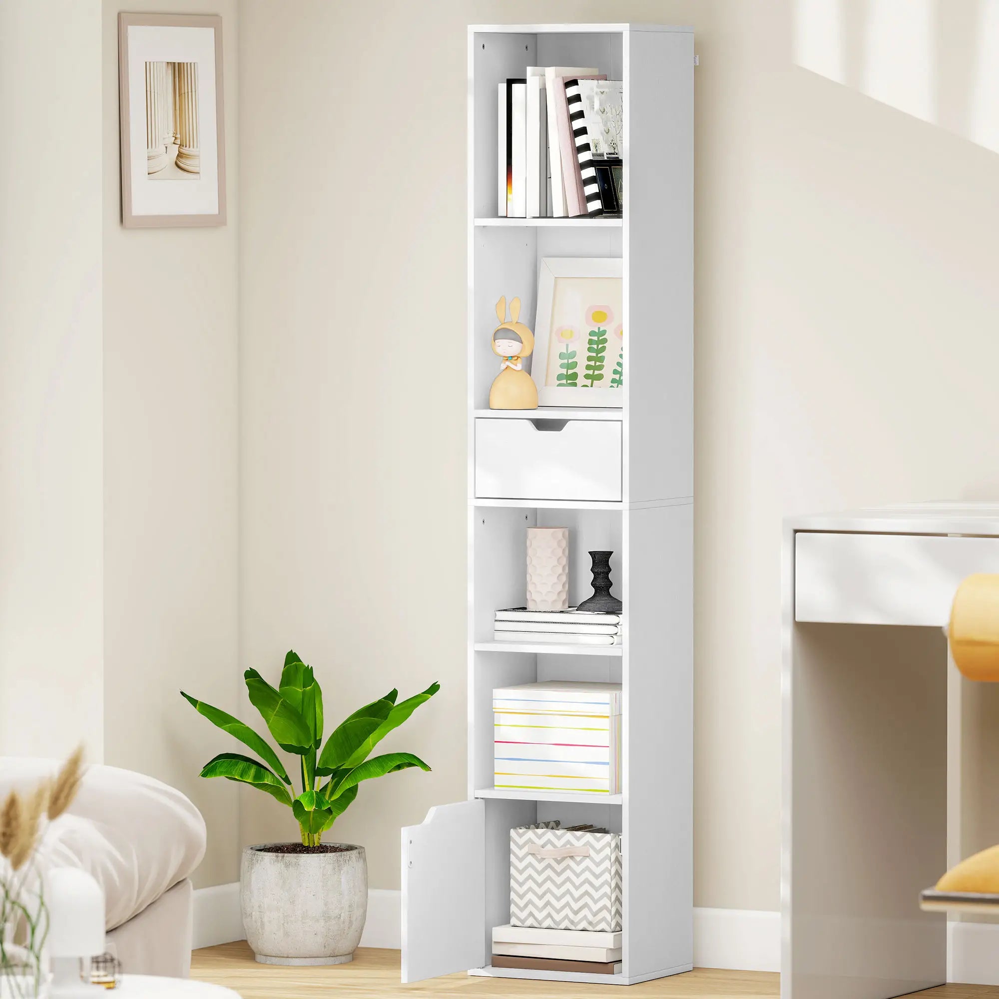 6-Tier Bookcase, Tall Narrow Bookshelf with Drawer and Door, White Display Bookshelves at Gallery Canada