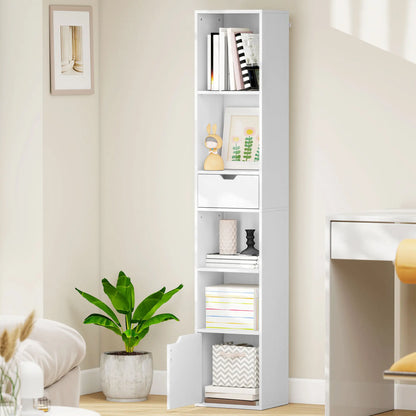 6-Tier Bookcase, Tall Narrow Bookshelf with Drawer and Door, White Display Bookshelves at Gallery Canada