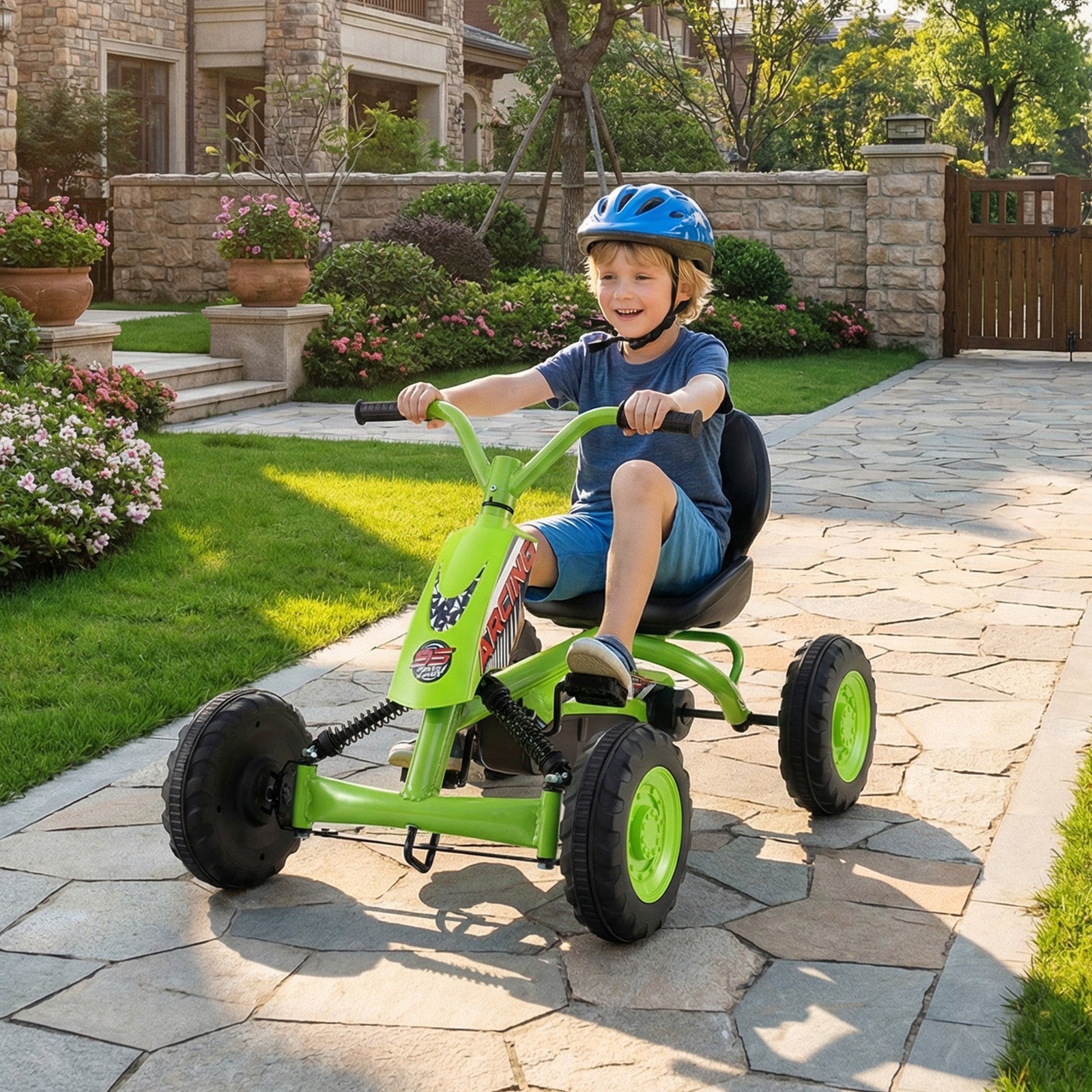 Go Kart for Kids 4 Wheel with Steering Handlebars and Adjustable Seat, Green Push & Pedal Ride On Toys at Gallery Canada