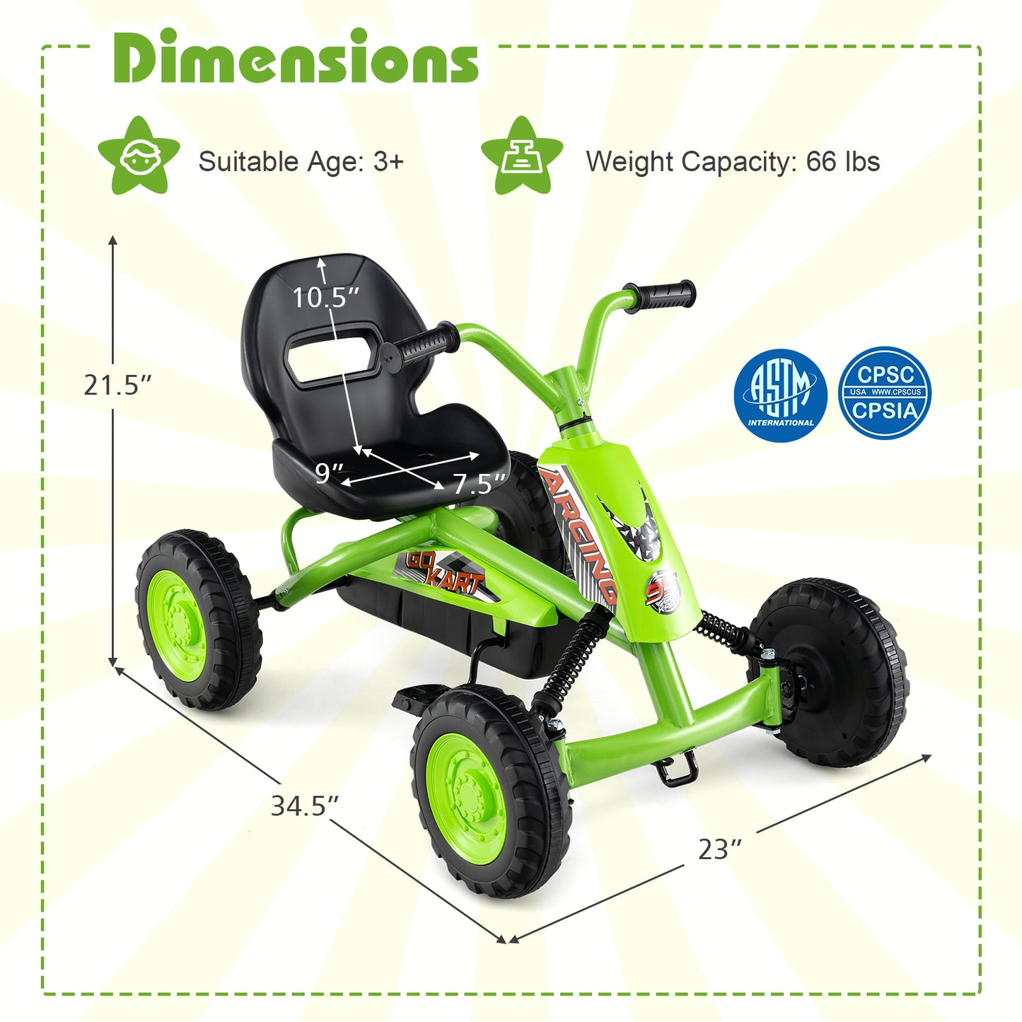 Go Kart for Kids 4 Wheel with Steering Handlebars and Adjustable Seat, Green Push & Pedal Ride On Toys at Gallery Canada
