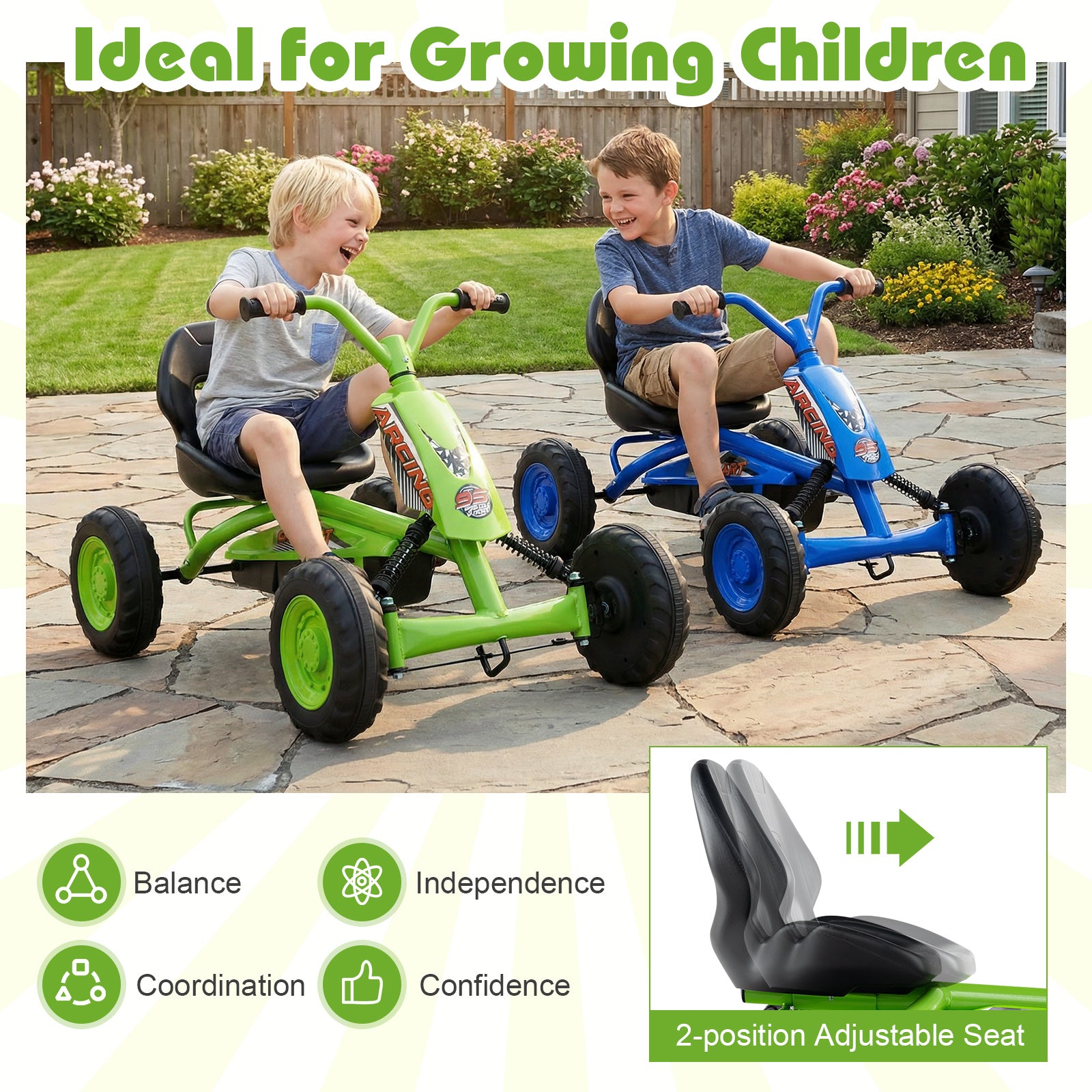 Go Kart for Kids 4 Wheel with Steering Handlebars and Adjustable Seat, Green Push & Pedal Ride On Toys at Gallery Canada