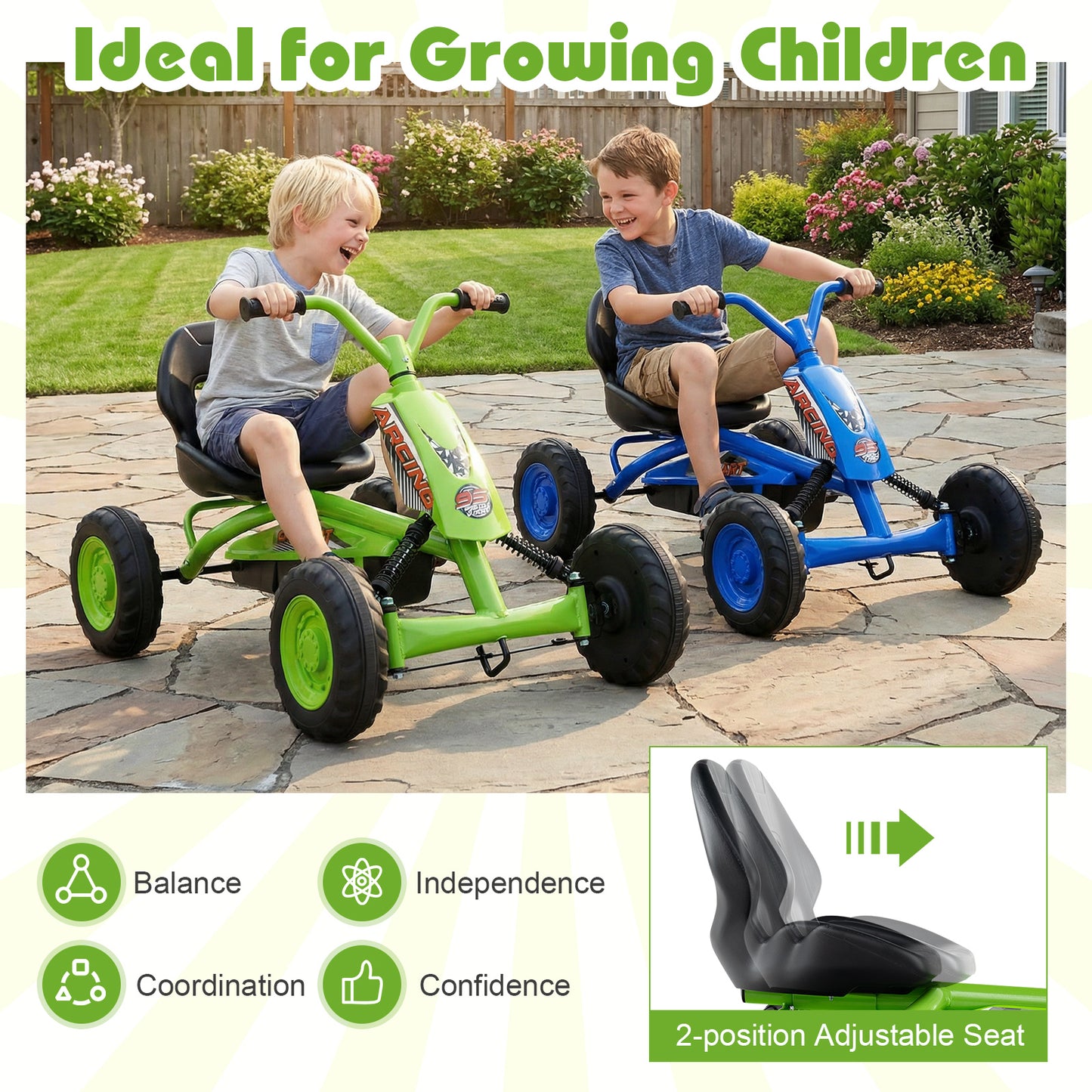 Go Kart for Kids 4 Wheel with Steering Handlebars and Adjustable Seat, Green Push & Pedal Ride On Toys at Gallery Canada