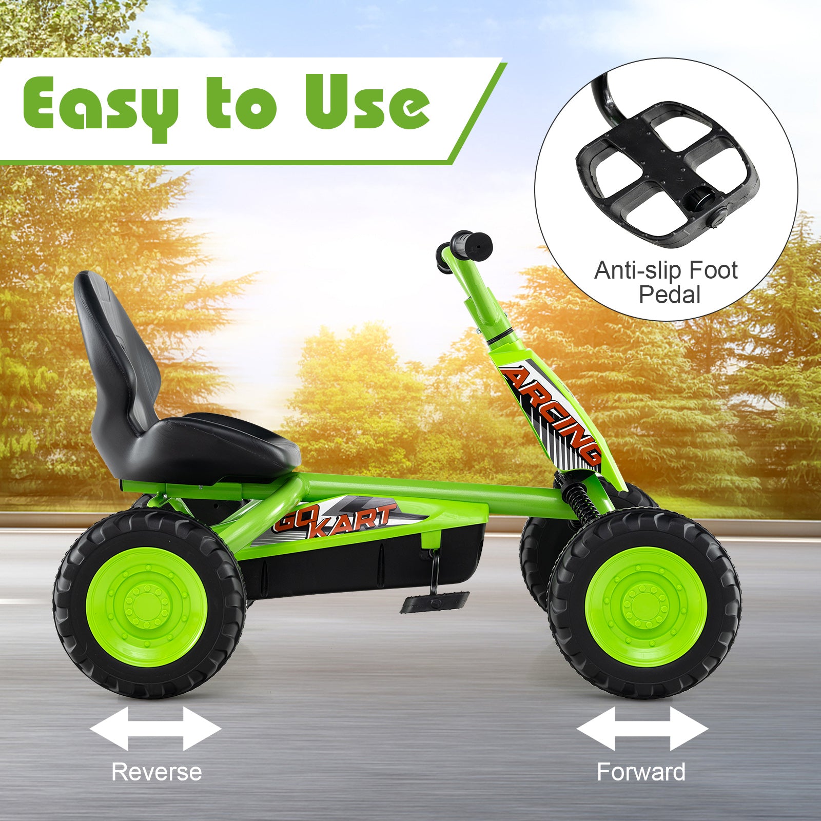 Go Kart for Kids 4 Wheel with Steering Handlebars and Adjustable Seat, Green Push & Pedal Ride On Toys at Gallery Canada