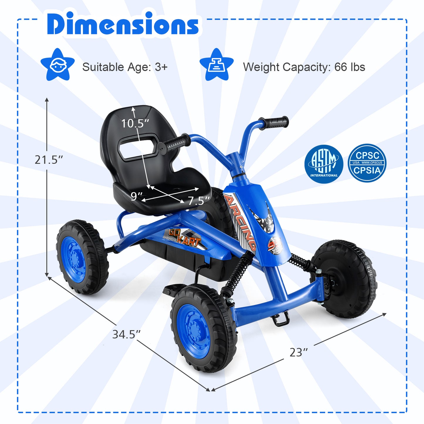 Go Kart for Kids 4 Wheel with Steering Handlebars and Adjustable Seat, Navy