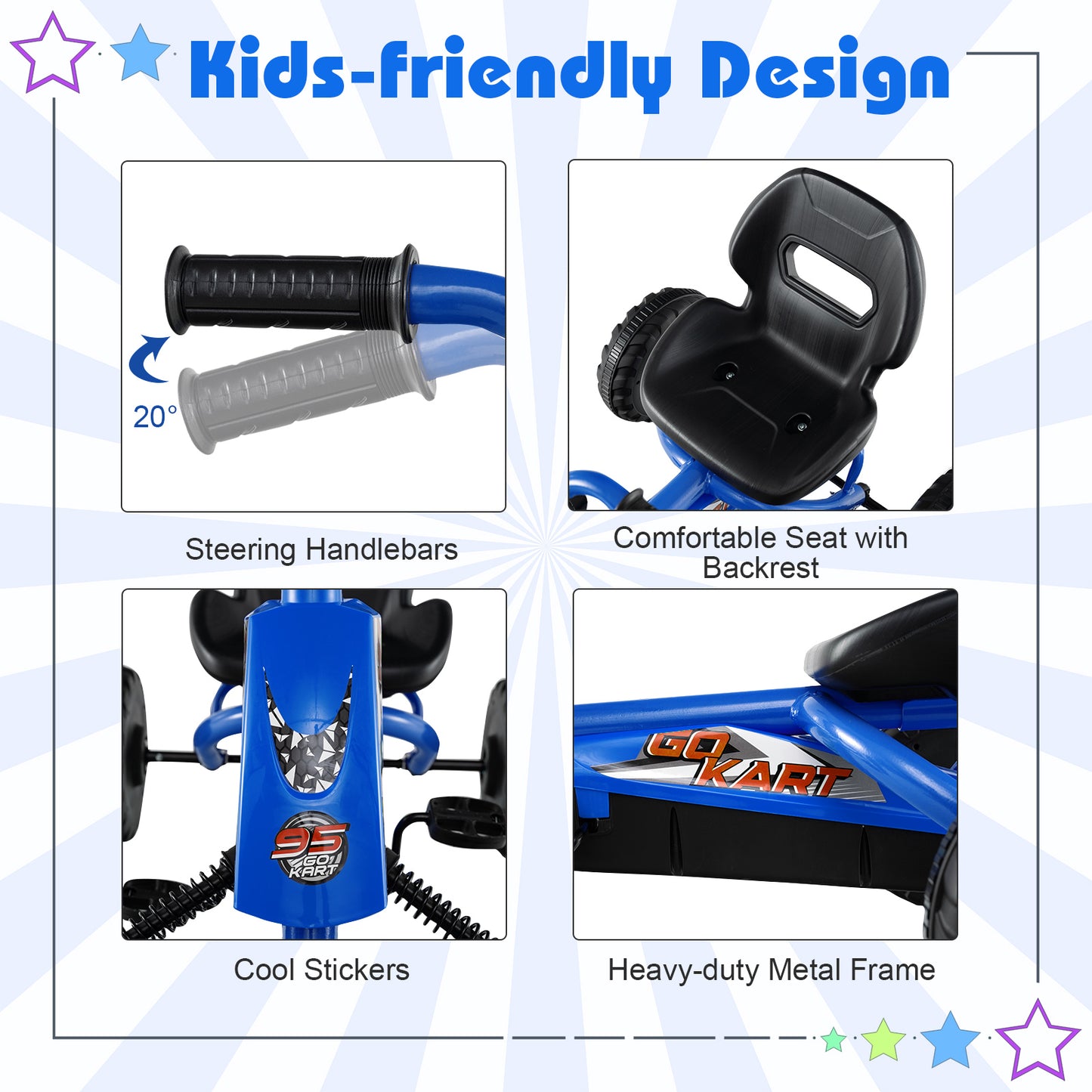 Go Kart for Kids 4 Wheel with Steering Handlebars and Adjustable Seat, Navy