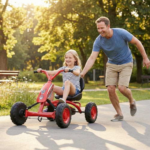 Go Kart for Kids 4 Wheel with Steering Handlebars and Adjustable Seat, Red