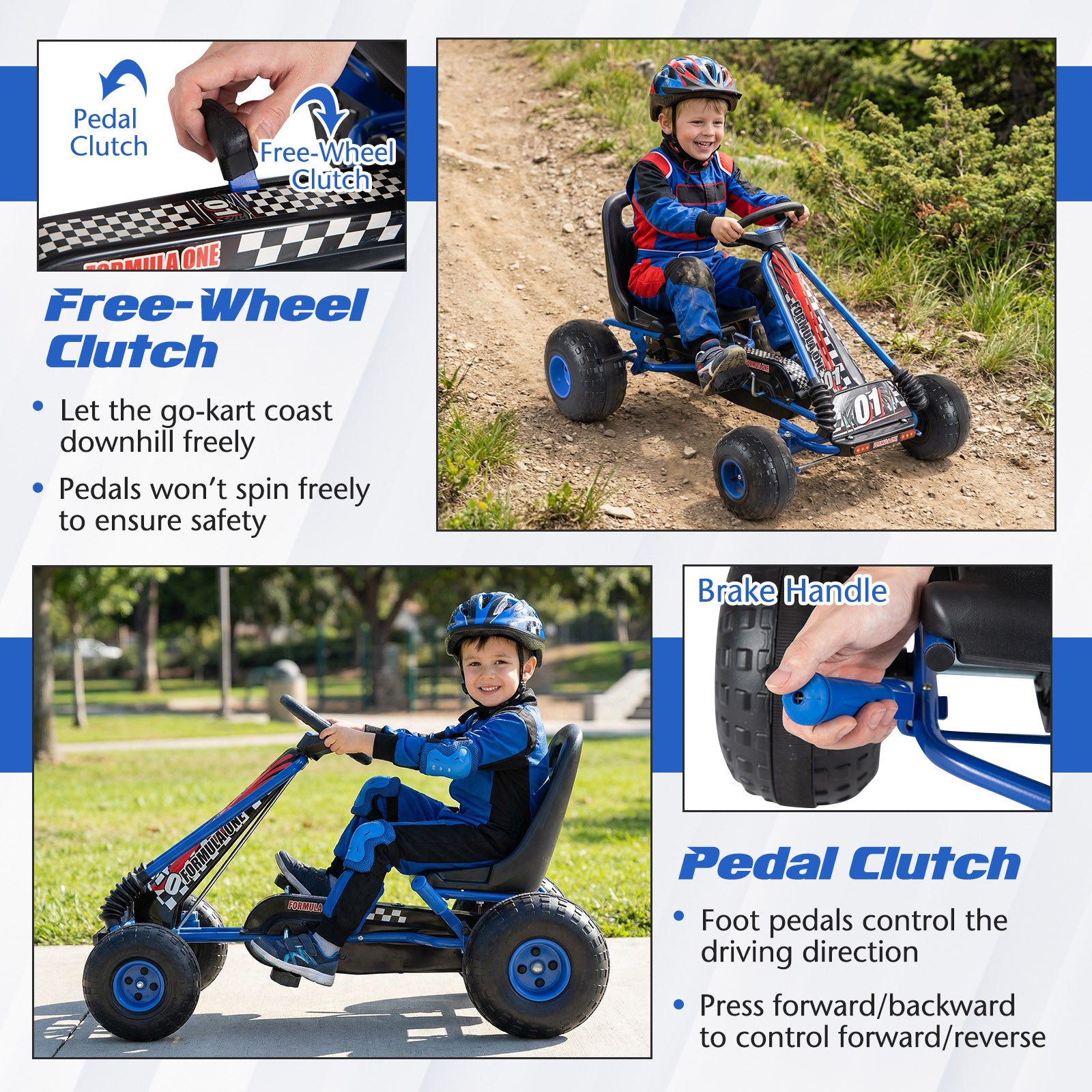 Go Kart for Kids 4 Wheels Pedal with Adjustable Seat and Multi-Terrain Wheels, Blue Push & Pedal Ride On Toys at Gallery Canada