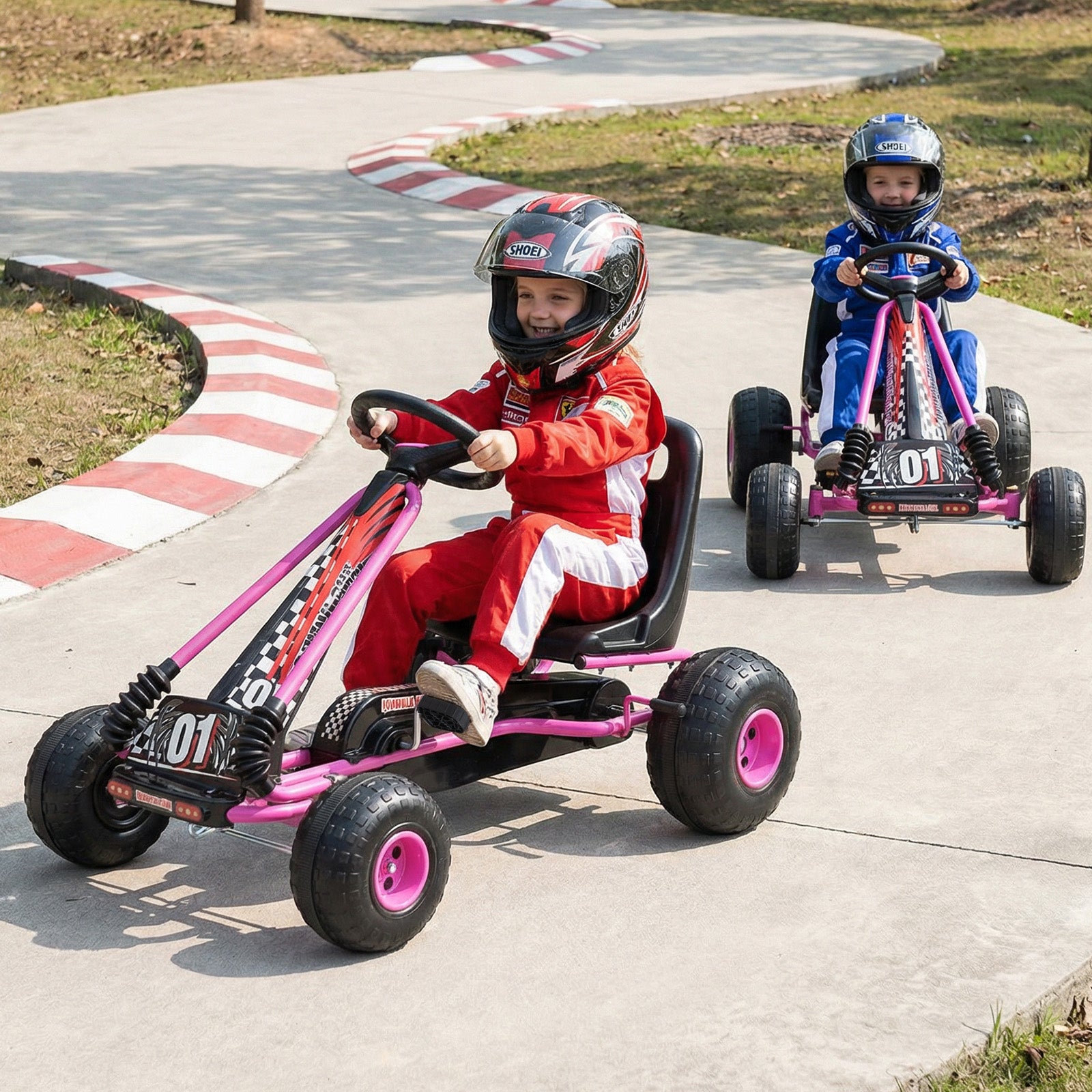 Go Kart for Kids 4 Wheels Pedal with Adjustable Seat and Multi-Terrain Wheels, Pink Push & Pedal Ride On Toys at Gallery Canada
